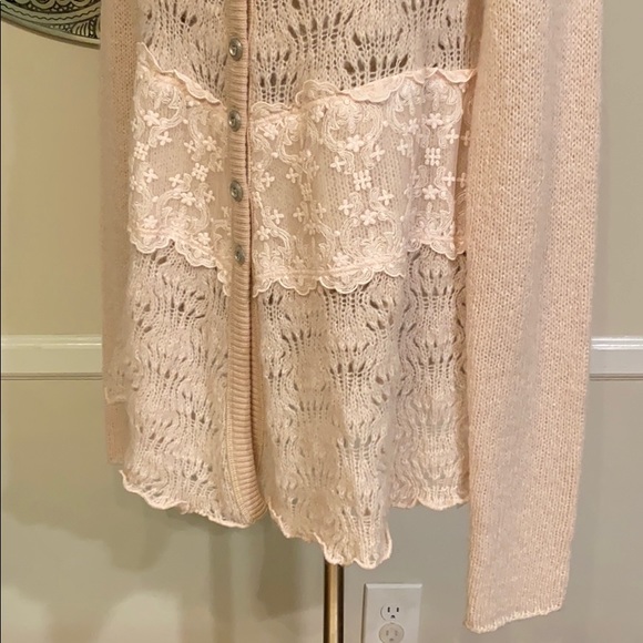 Free People Pale Blush Pink Lace & Knit Button-Up Cardigan - Picture 4 of 13